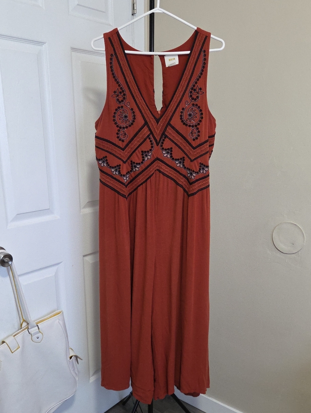 Anthropologie Maeve Rust Jumpsuit with Black Embroidery